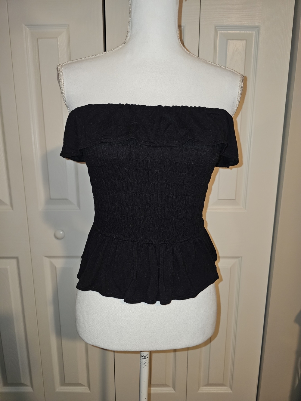 Candie's Black Off-Shoulder Smocked Peplum Crop Top